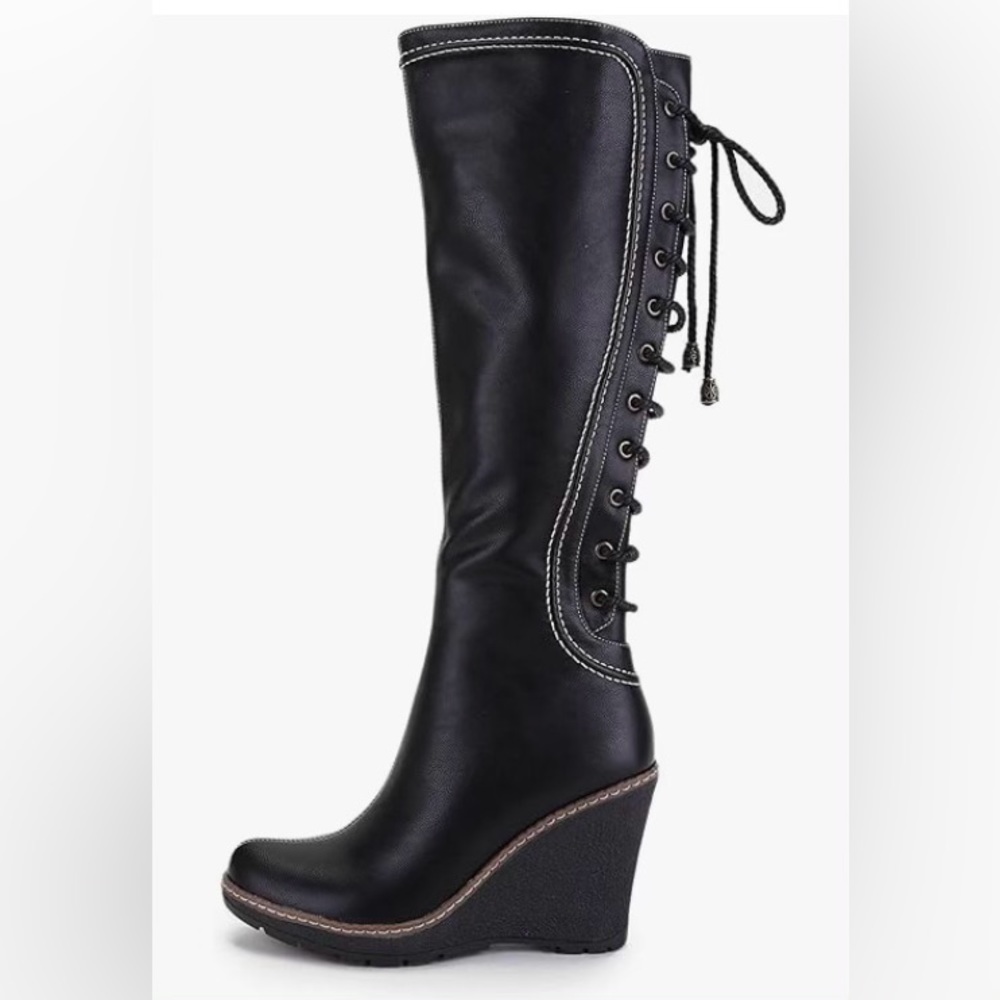 Ann Creek ‘Camuy' Stitching Back Lace Knee-High Wedge Boots SZ 8.5